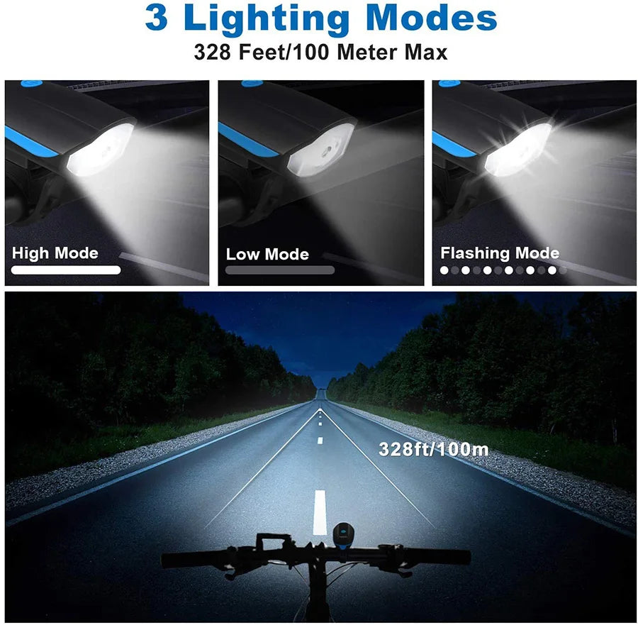 Bicycle Light with Horn USB Rechargeable LED Waterproof MTB Bike Dark Night Outdoor Riding Headlight and Rear Bike Light Set