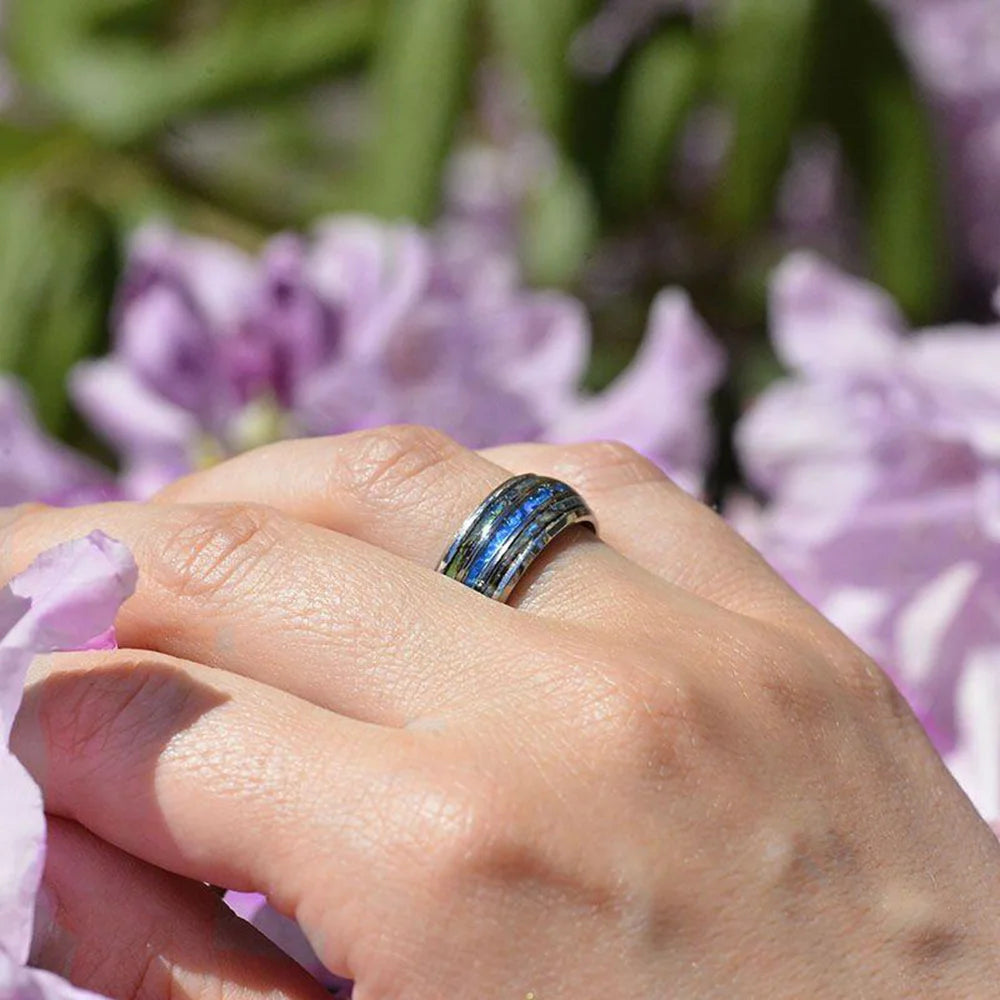 Fashion 8mm Rose Gold Color Tungsten Wedding Men Stainless Steel Rings Inlay Abalone Shell Blue Opal Rings Men Wedding Jewelry