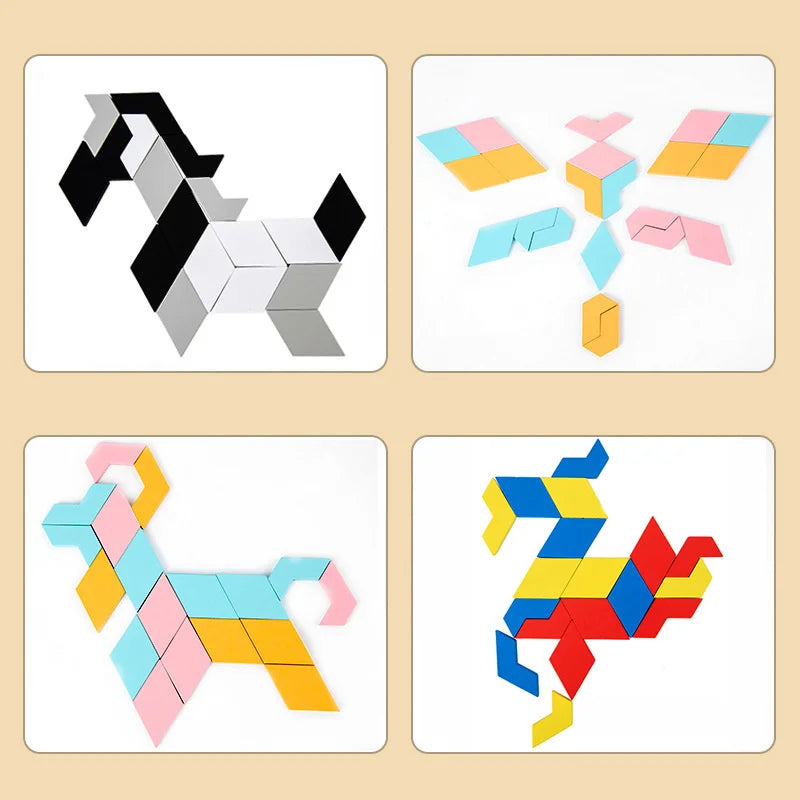 Montessori Wooden Toys 3D Jigsaw Puzzle Tangram Math Toys Baby Hand Grasp Board Shape Match Puzzle Educational Toys for Kids