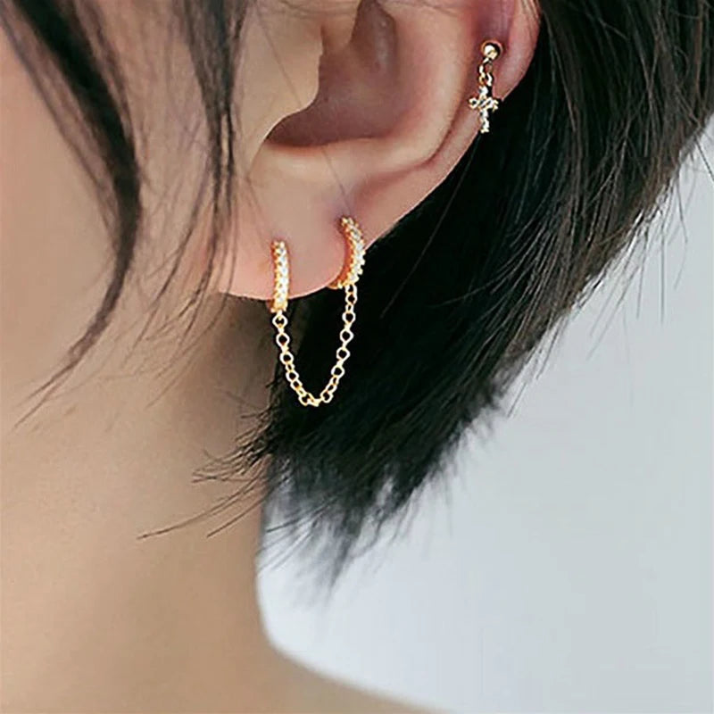 One PCS Hot Sale Two Hole Piercing Earrings for Women Brilliant Crystal Zircon 3 Metal Color Chain Earring Party Jewelry