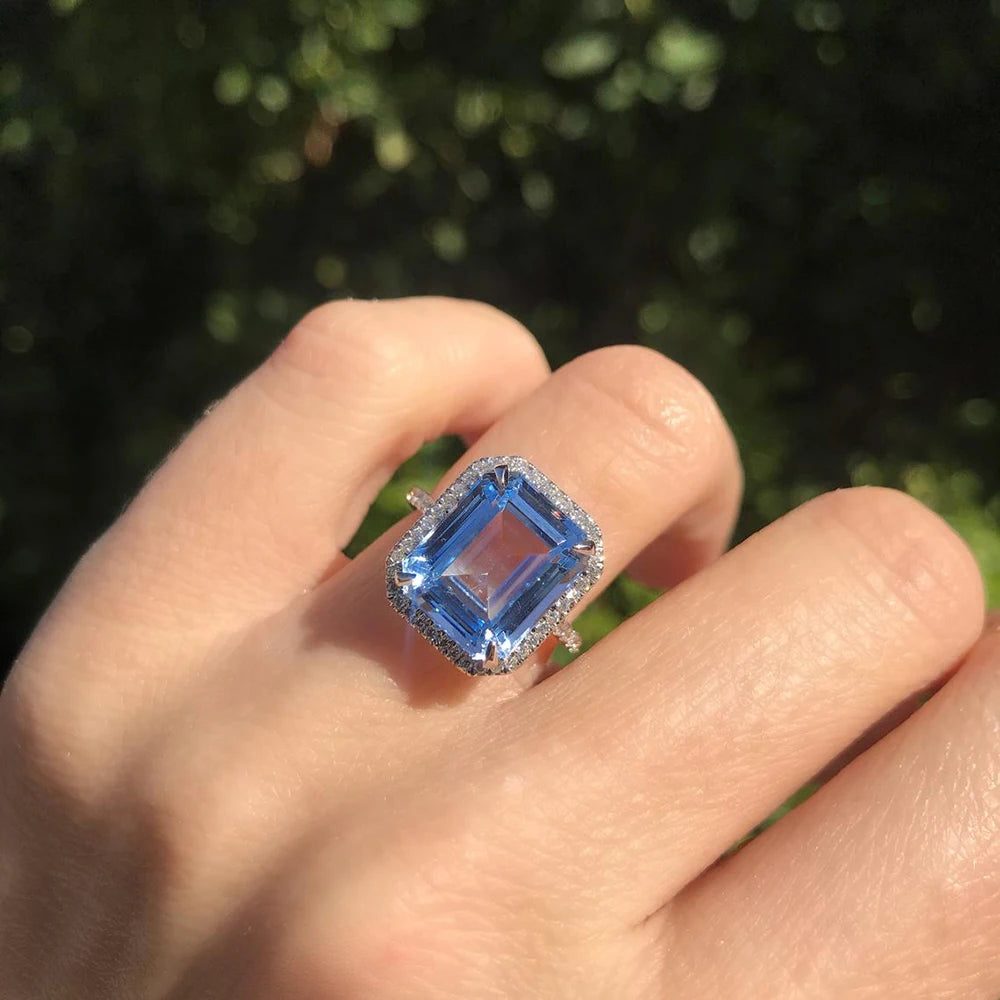 Luxury AAA Sky Blue CZ Stone Bridal Rings Graceful Anniversary Gift Ring for Wife Brilliant Women Classic Wedding Jewelry