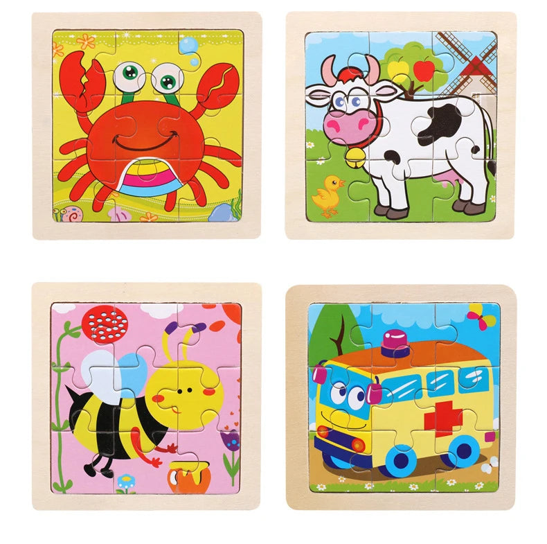 11X11CM Kids Wooden Puzzle Cartoon Animal Traffic Tangram Wood Puzzle Toys Educational Jigsaw Toys for Children GiftS