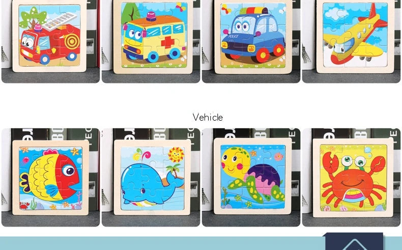 11cm/4.33in Kids Wooden Jigsaw Puzzle Games Cartoon Animal Vehicle Pattern Children Montessori Educational Toys