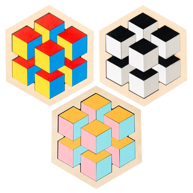 Montessori Wooden Toys 3D Jigsaw Puzzle Tangram Math Toys Baby Hand Grasp Board Shape Match Puzzle Educational Toys for Kids