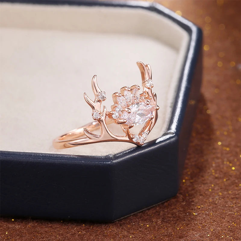 Rose Gold Color Elk Shape Women Rings Fashion Newly-designed Jewelry Anniversary Christmas Present New Year Gift for Girl