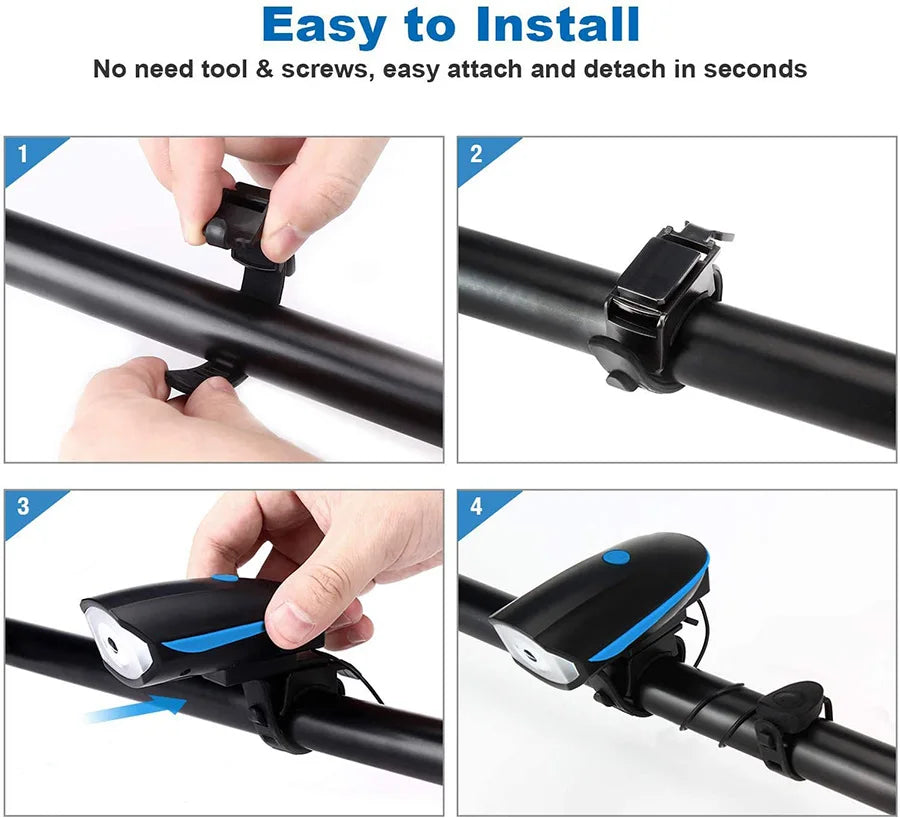 Bicycle Light with Horn USB Rechargeable LED Waterproof MTB Bike Dark Night Outdoor Riding Headlight and Rear Bike Light Set