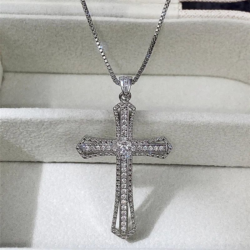 Luxury Full Cubic Zirconia Cross Pendant Necklace for Women Fashion Versatile Necklace Jewelry Party Daily Accessories