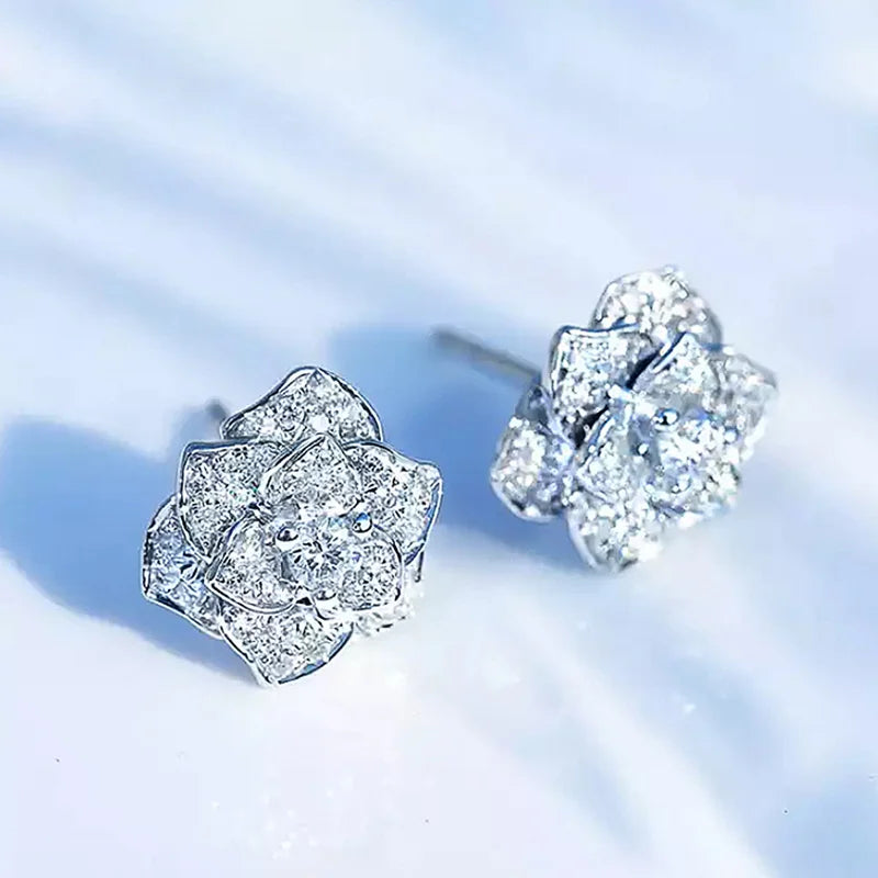 Shiny Cubic Zircon Flower Stud Earring for Women Silver Color Delicate Anniversary Gift Lady Stylish Accessories Ear Ring