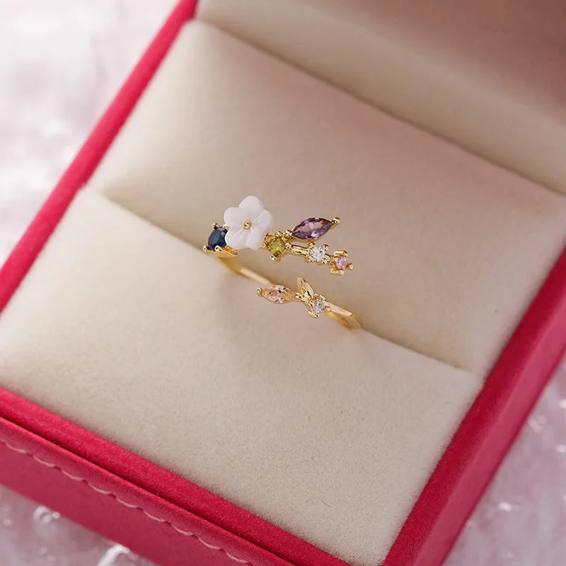 Fashion Crystal Zircon Rings Sweet Flower Leaf Butterfly Adjustable Open Rings Female Wedding Engagement Jewelry Gift
