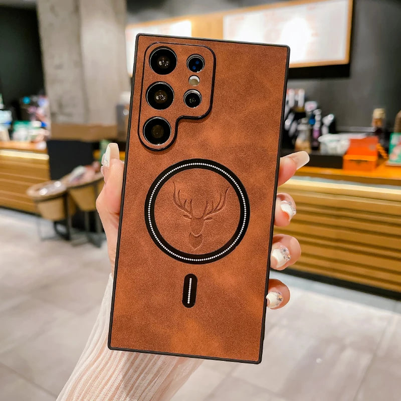 For Magsafe Magnetic Wireless Charging Luxury Leather Phone Case For Samsung S25 Ultra S23 S22 S24 Ultra Plus Bumper Back Cover