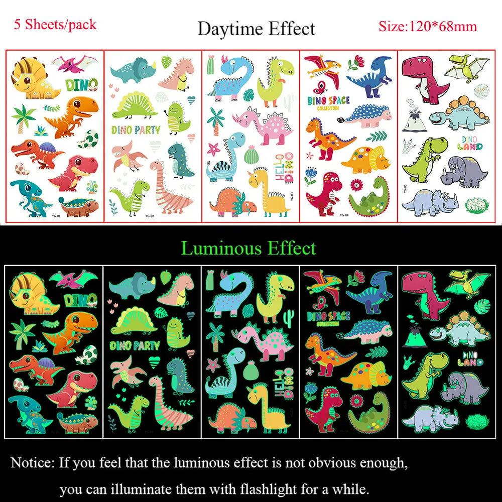 5 Sheets Luminous Tattoo Stickers Temporary Colorful Animal Dinosaur Tattoo Cute Tattoo Stickers Children's Body Tatto