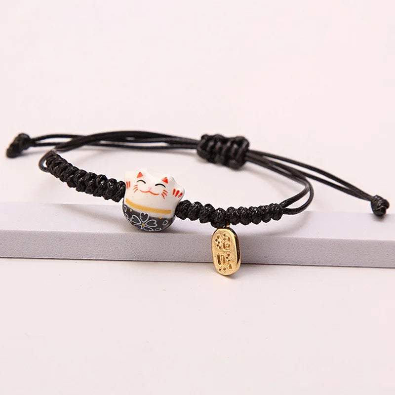 Simple Ceramic Lucky Cat Braided Bracelet for Women Cute Animal Kitten Hand-woven Adjustable Bangles Party Harajuku Jewelry Gift