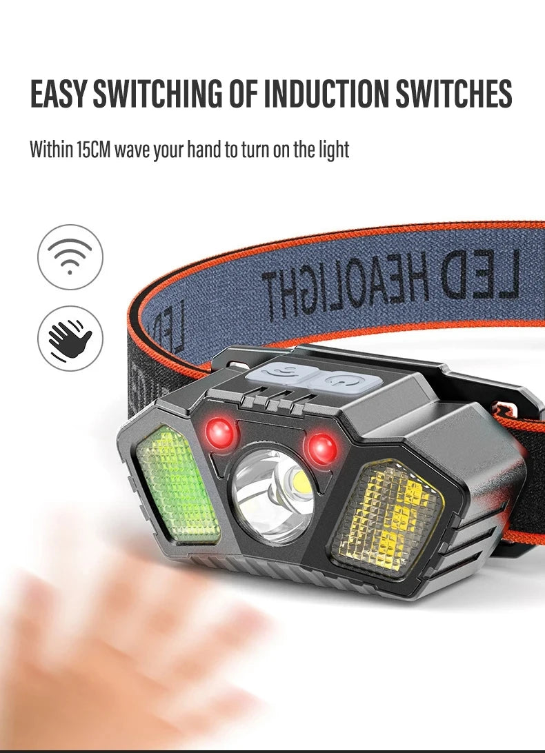 Portable Sensor Headlamp Rechargeable XPE COB Headlight 5Modes Fishing Camping Hiking Red Warning Head Lamp With Gesture Control