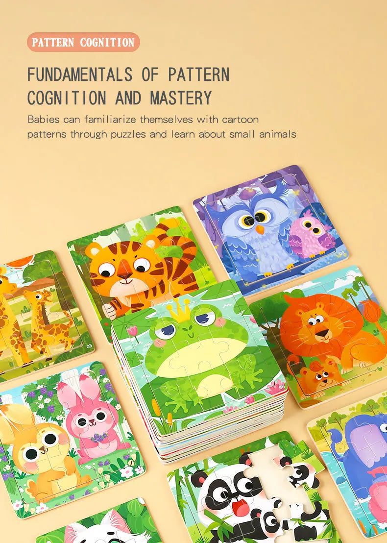 9 Piece Small Wooden Puzzle Cartoon Animal Vehicle 11x11cm Wood 3d Puzzle Montessori Educational Toys For Kids Gifts