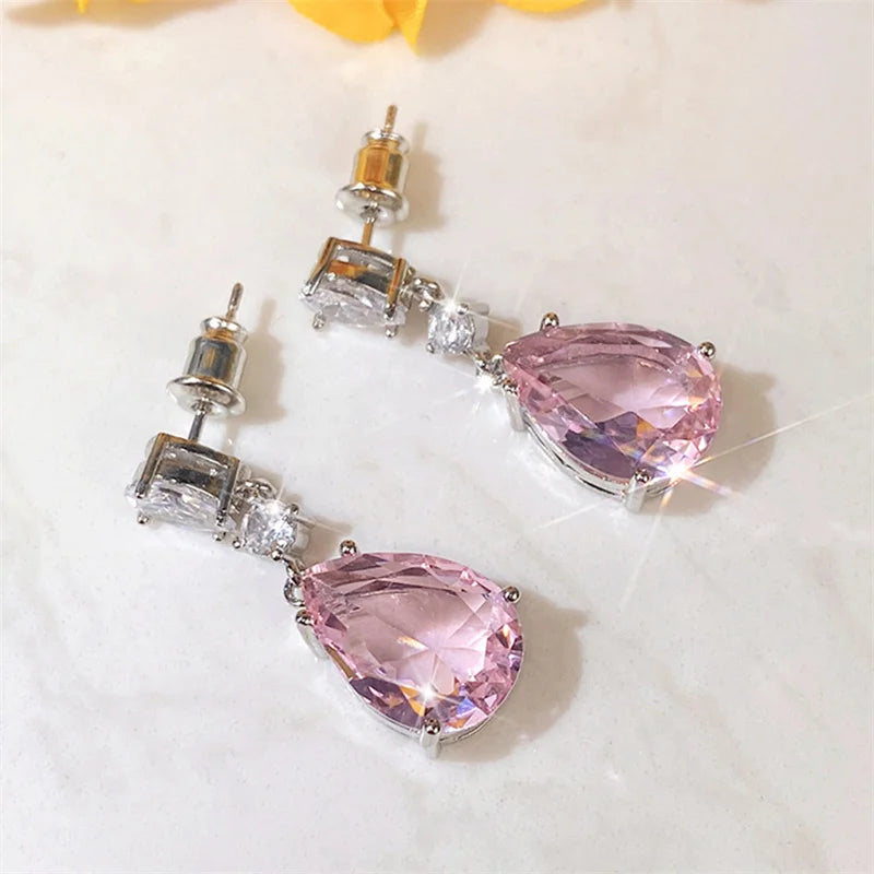 Temperament Sweet Pink Pear Cubic Zirconia Drop Earrings Women Engagement Party Exquisite Ear Accessories Fashion Jewelry