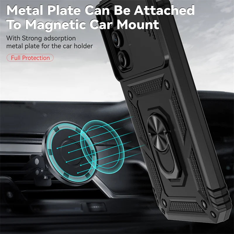 Slide Camera Lens Military Grade Armor Case For Samsung Galaxy A15 A25 A35 A55 5G Phone Holder Ring Stand Cover