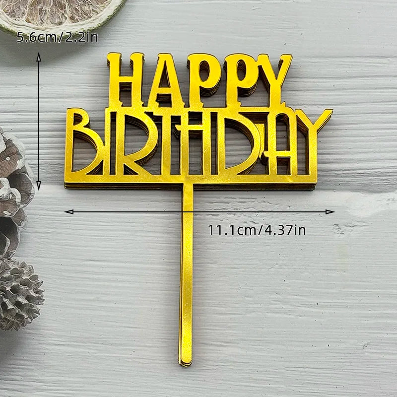 10Pcs Acrylic Happy Birthday Cake Topper Black Gold Silver Designs Cake Decorations for Kids, Men, Women & Baby Showers