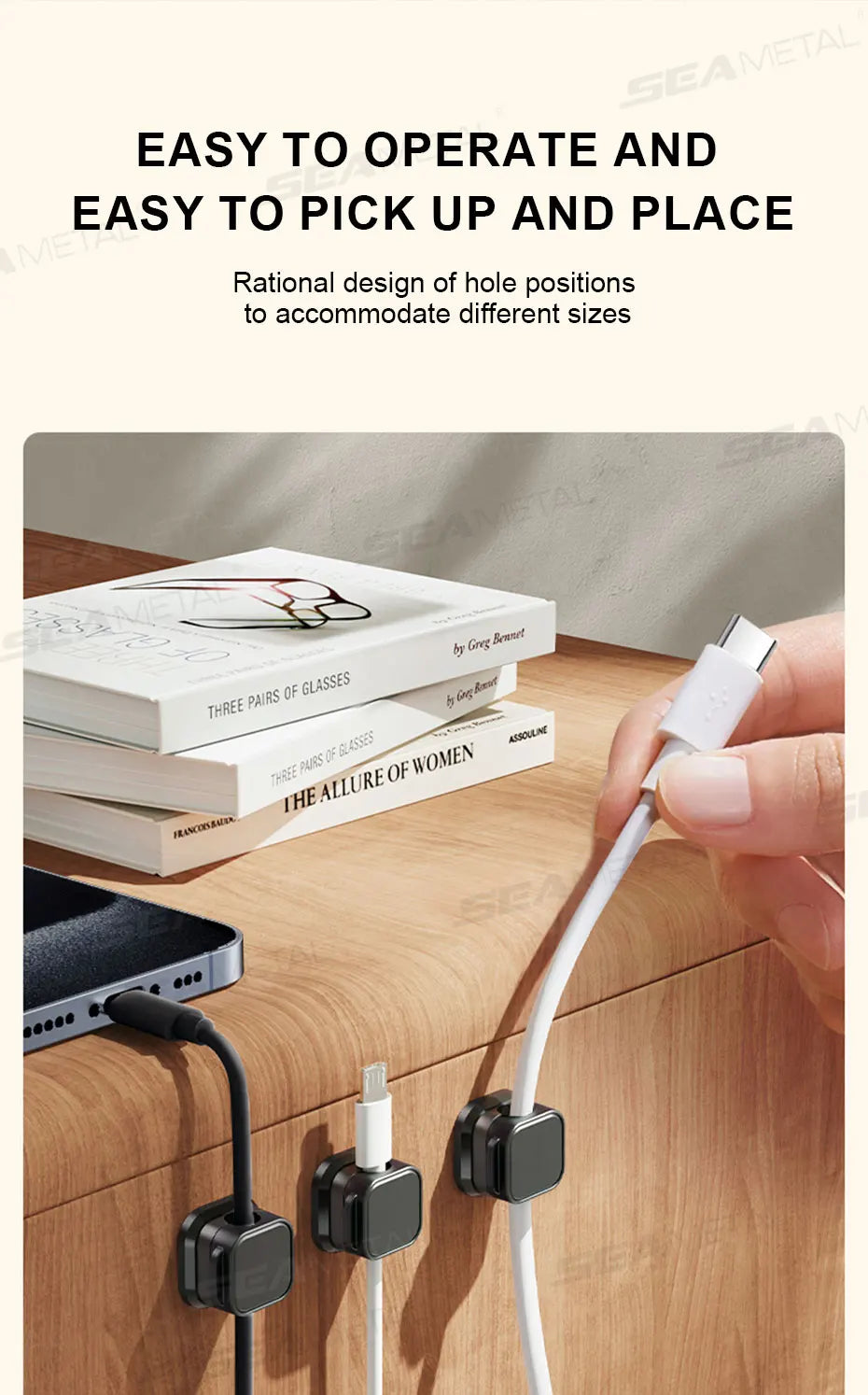 SEAMETAL 10Pcs Magnetic Cable Holder Self Adhesive Cord Clip Smooth Pulling Charging Cable Keeper Wire Clip for Car/Home/Office