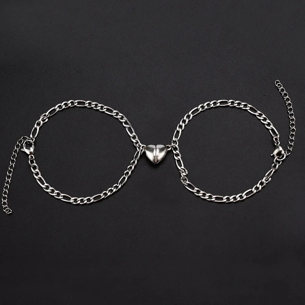 2Pcs/set Magnet Couple Bracelets Heart Attraction Bracelet Sliver Love Charm Simple Cuban Chains Key Lock Jewelry Gifts