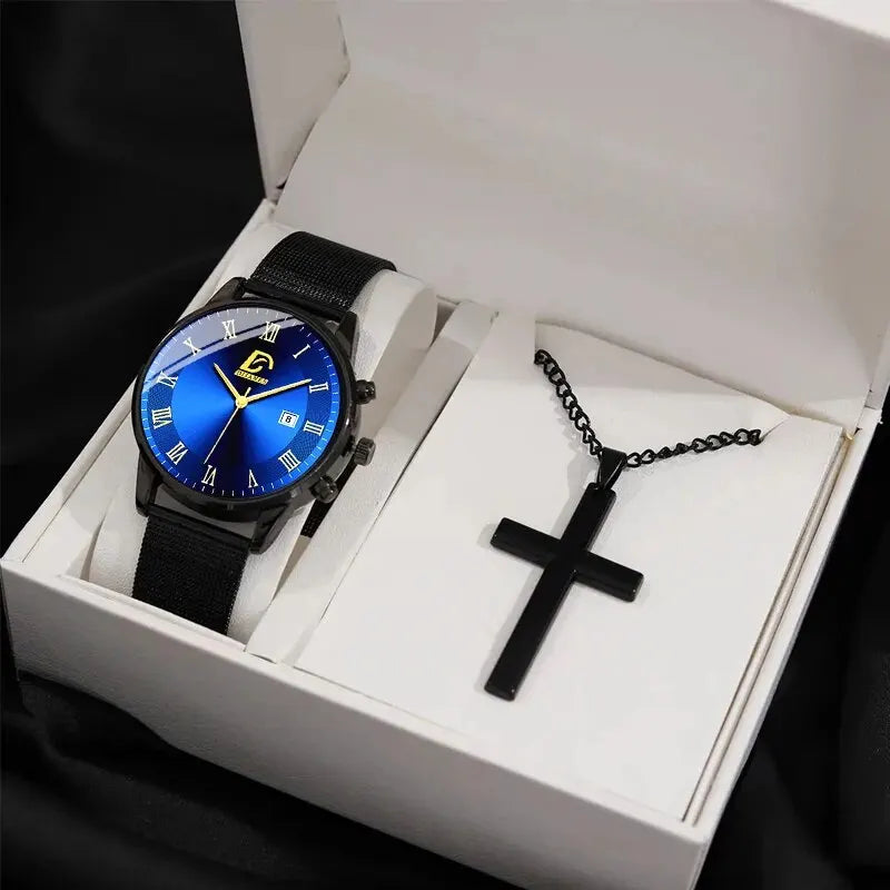 2PCS Set Fashion Mens Calendar Watches Luxury Men Business Gold Stainless Steel Mesh Belt Quartz Watch Male Necklace Wristwatch