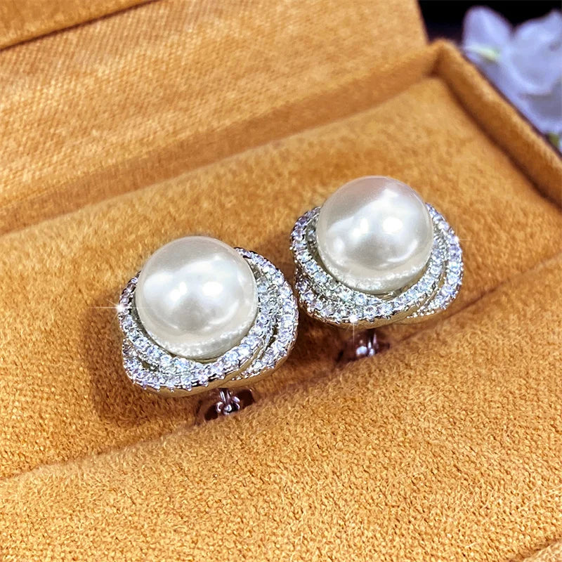 Sparkling Cubic Zirconia Imitation Pearl Stud Earrings for Women Silver Color Temperament Girls Ear Accessory Hot Jewelry