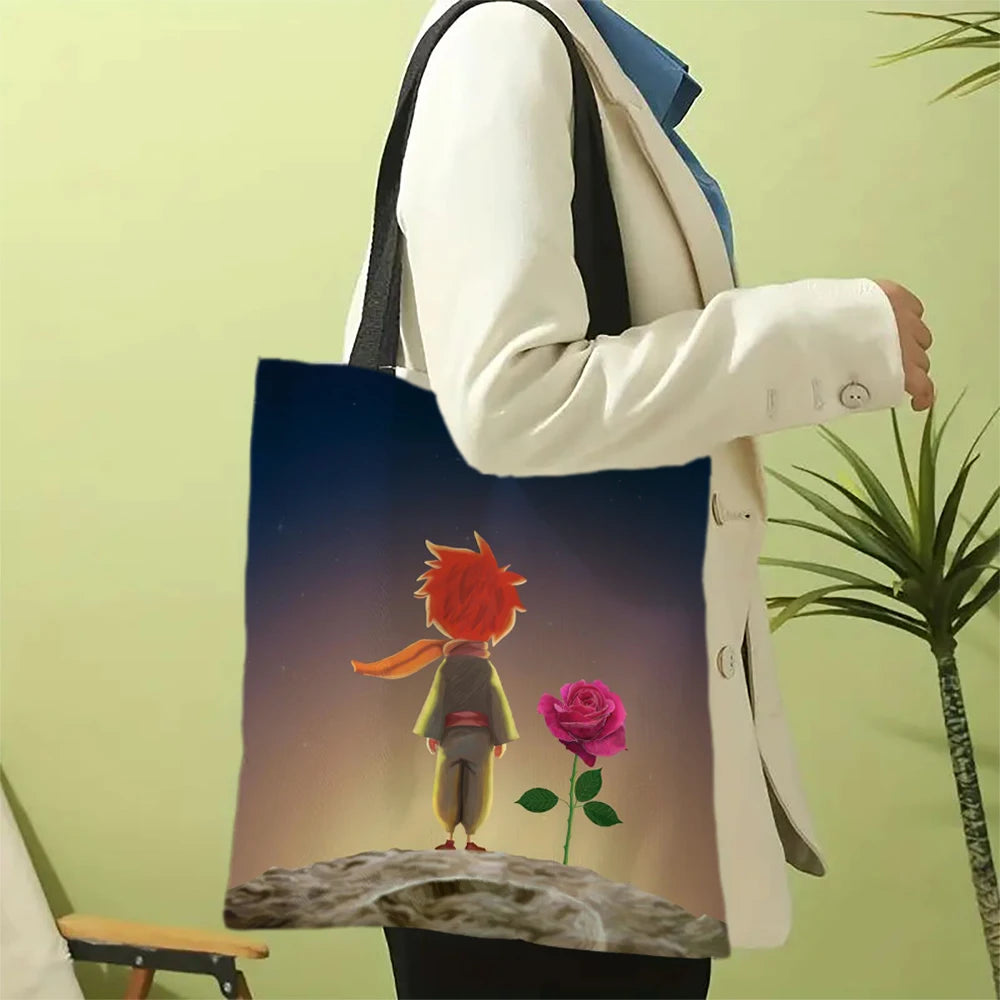 Linen Bag The Little Prince Series Print Lightweight Shoulder Bag Versatile Shopping Bag Holder Handbag