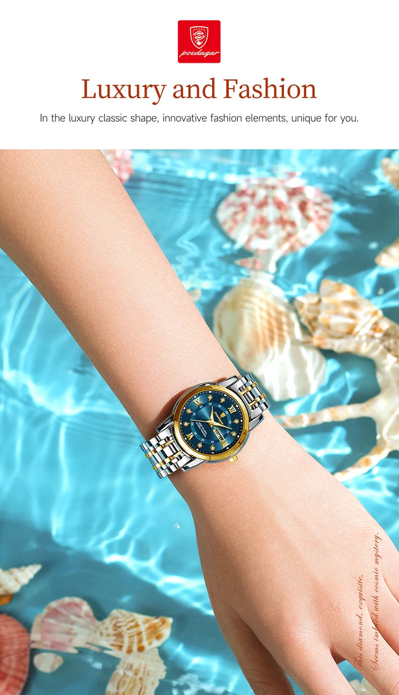 POEDAGAR Luxury Women Wristwatch Waterproof Luminous Date Week Women's Watches Stainless Steel Elegant Dress Quartz Ladies Watch