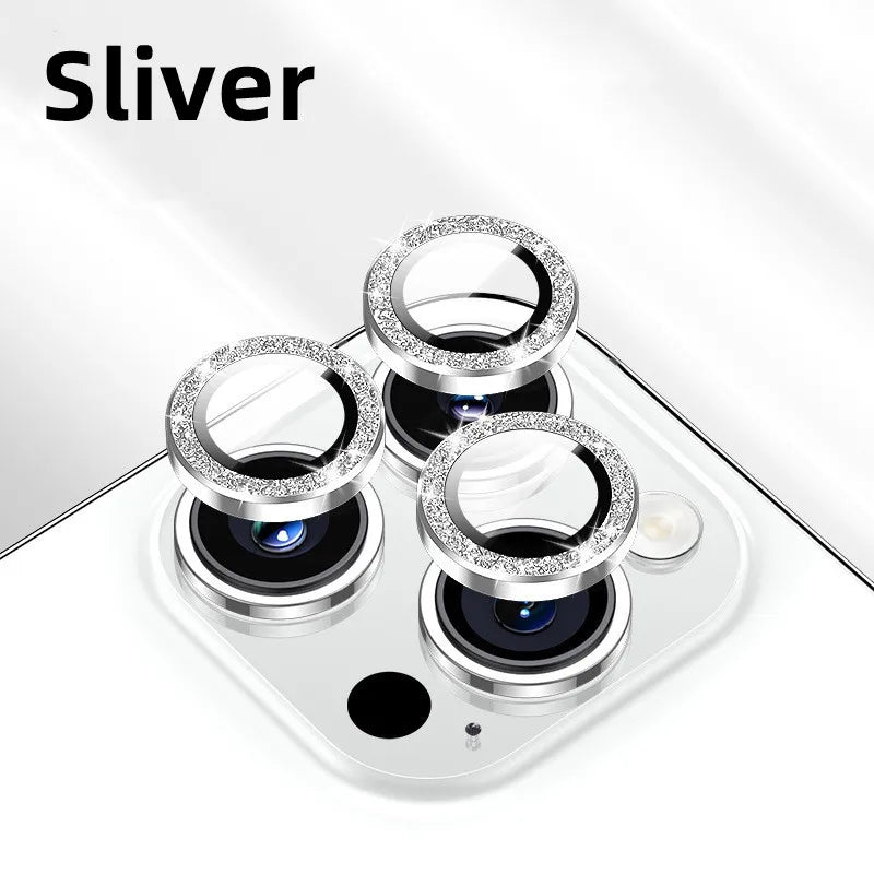 1set Glitter Bling Camera Protector for iPhone 15 14 13 12 11 Pro Max Plus Shinny Metal Ring Lens Tempered Glass lens Cover