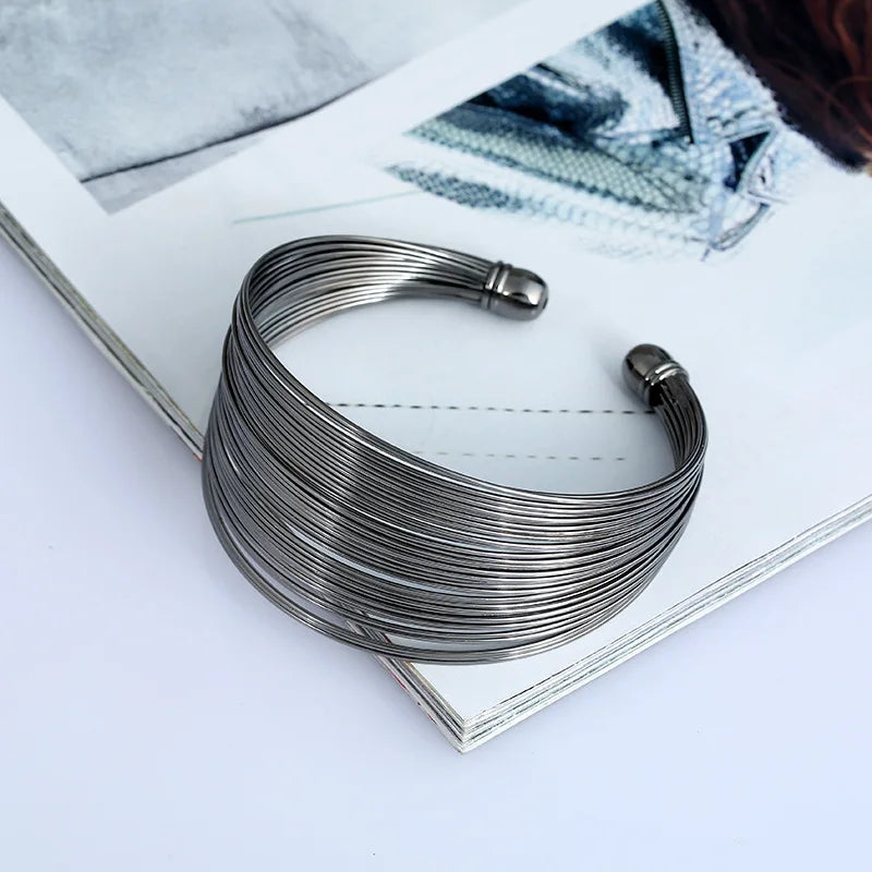 1PC Retro Gold Multi Layer Open Wide Cuffs Women's Punk Metal Adjustable Personalized Bracelet Jewelry Outdoor Party Gift-5034