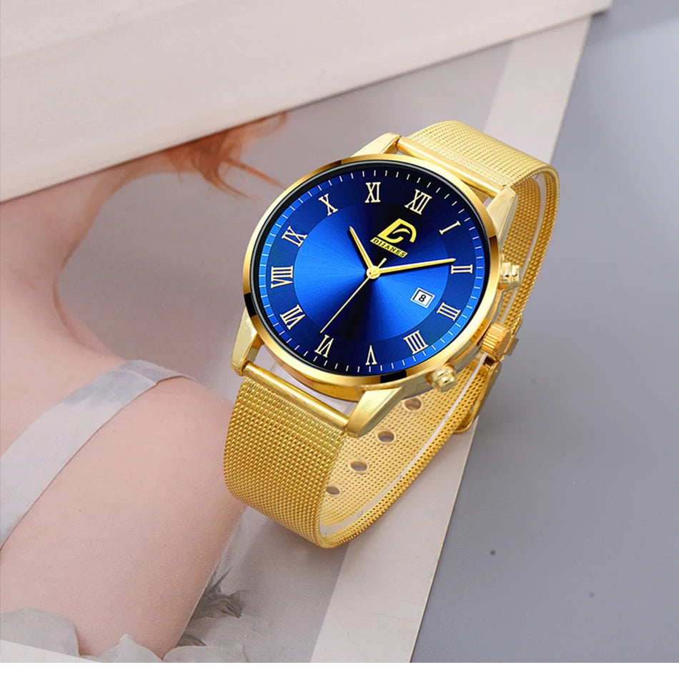 2PCS Set Fashion Mens Calendar Watches Luxury Men Business Gold Stainless Steel Mesh Belt Quartz Watch Male Necklace Wristwatch