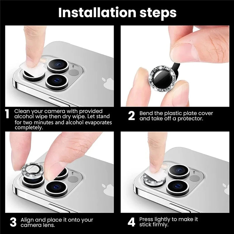 1set Glitter Bling Camera Protector for iPhone 15 14 13 12 11 Pro Max Plus Shinny Metal Ring Lens Tempered Glass lens Cover