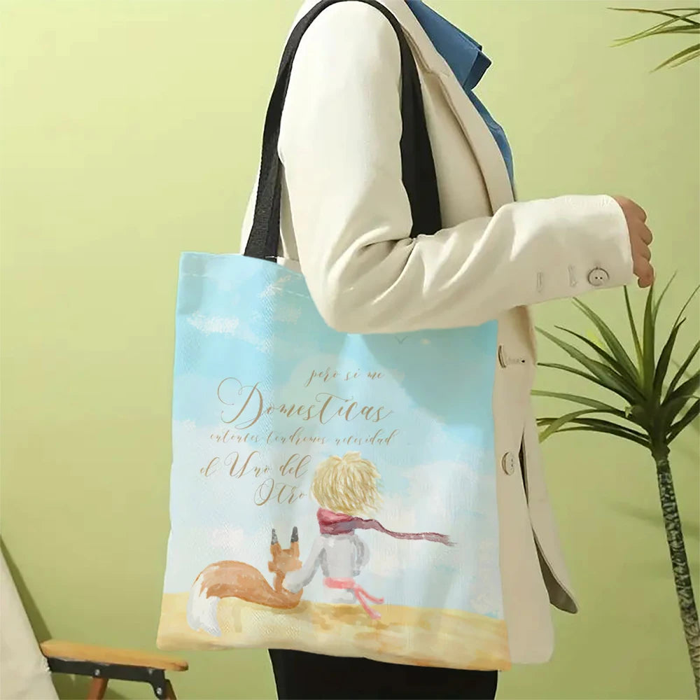 Linen Bag The Little Prince Series Print Lightweight Shoulder Bag Versatile Shopping Bag Holder Handbag