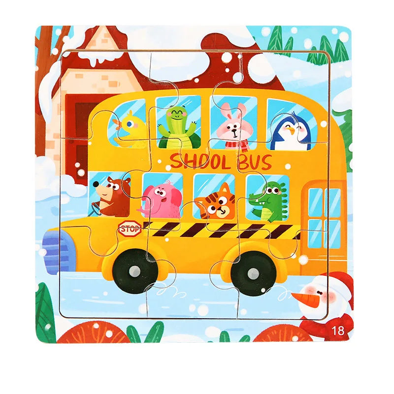 9 Piece Small Wooden Puzzle Cartoon Animal Vehicle 11x11cm Wood 3d Puzzle Montessori Educational Toys For Kids Gifts