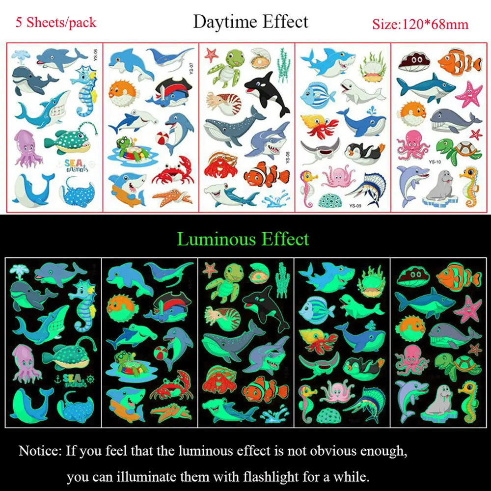 5 Sheets Luminous Tattoo Stickers Temporary Colorful Animal Dinosaur Tattoo Cute Tattoo Stickers Children's Body Tatto