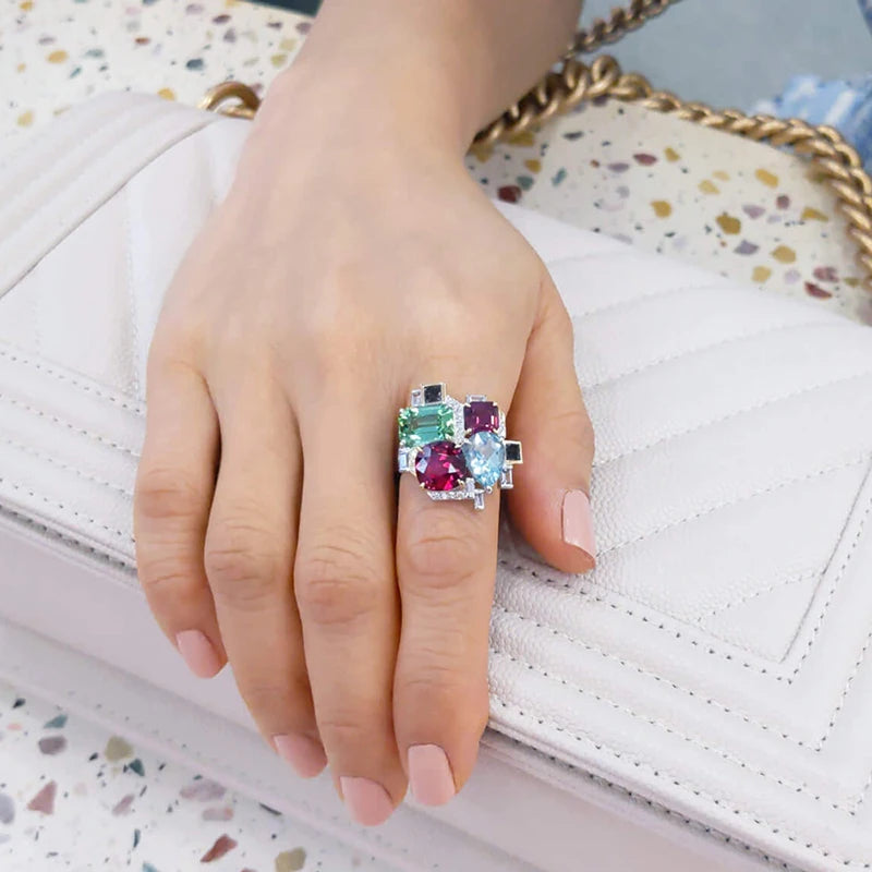 New Colorful Cubic Zirconia Women Rings for Party Two Tone Personality Female Finger Rings Gorgeous Jewelry