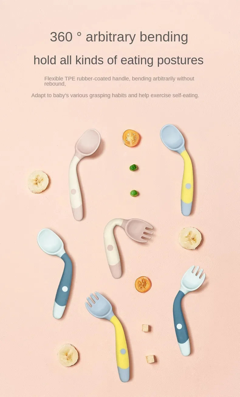 Baby Children Spoon Fork Set Soft Bendable Silicone Scoop Fork Kit Tableware Toddler Training Feeding Cutlery Utensil