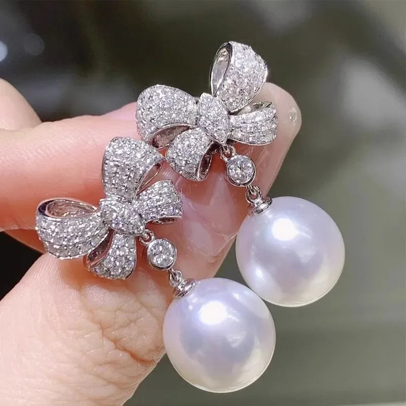 Sweet Bow Shape Imitation Pearl Hanging Earrings for Women Romantic Bridal Wedding Earrings Luxury Cubic Zirconia Jewelry