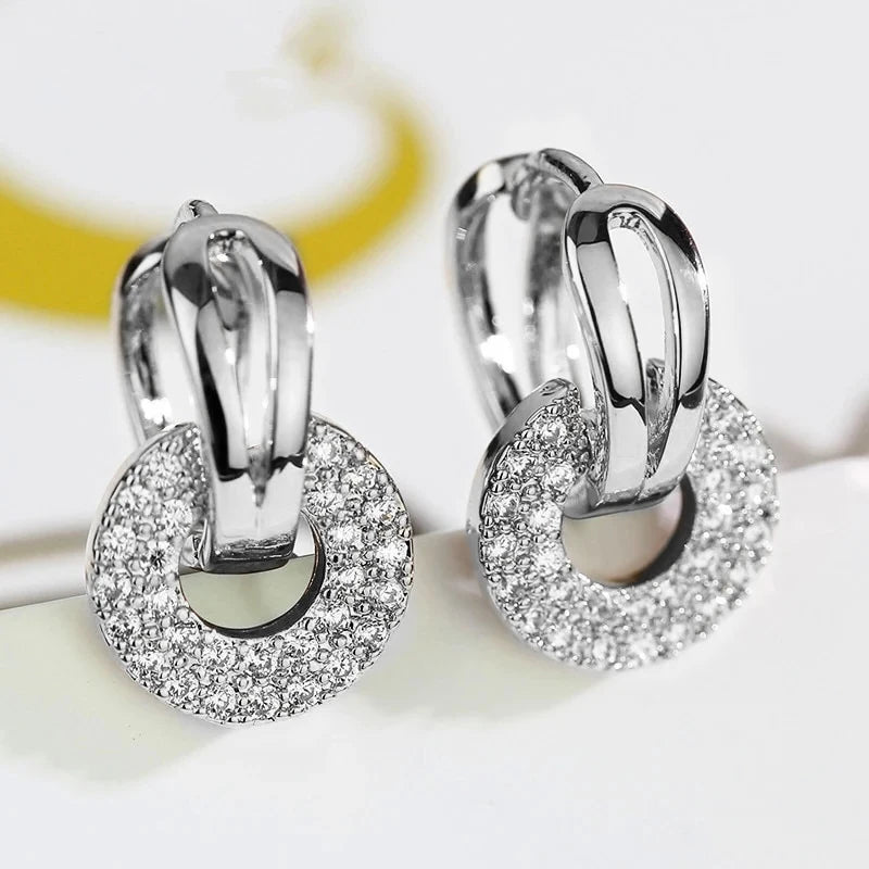 Dazzling Double Circle Linked Earrings for Women Silver Color/Gold Color Fashion Cubic Zirconia Earrings Luxury Jewelry