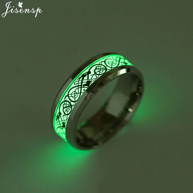 Stainless Steel Glow In Dark Heart Finger Rings for Men Women Punk Music Dragon Luminous Ring Couple Jewelry Anel