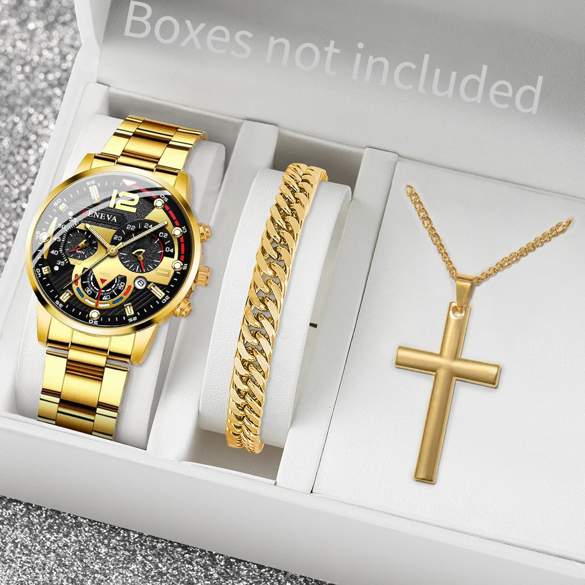 3PCS/Set Fashion Men's Watches Stainless Steel Band Analog Quartz Watch Calendar Watches Jewelry Set(Without Box)