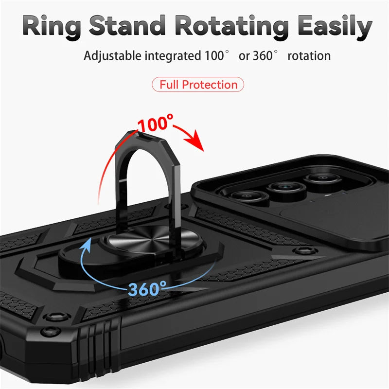 Slide Camera Lens Military Grade Armor Case For Samsung Galaxy A15 A25 A35 A55 5G Phone Holder Ring Stand Cover