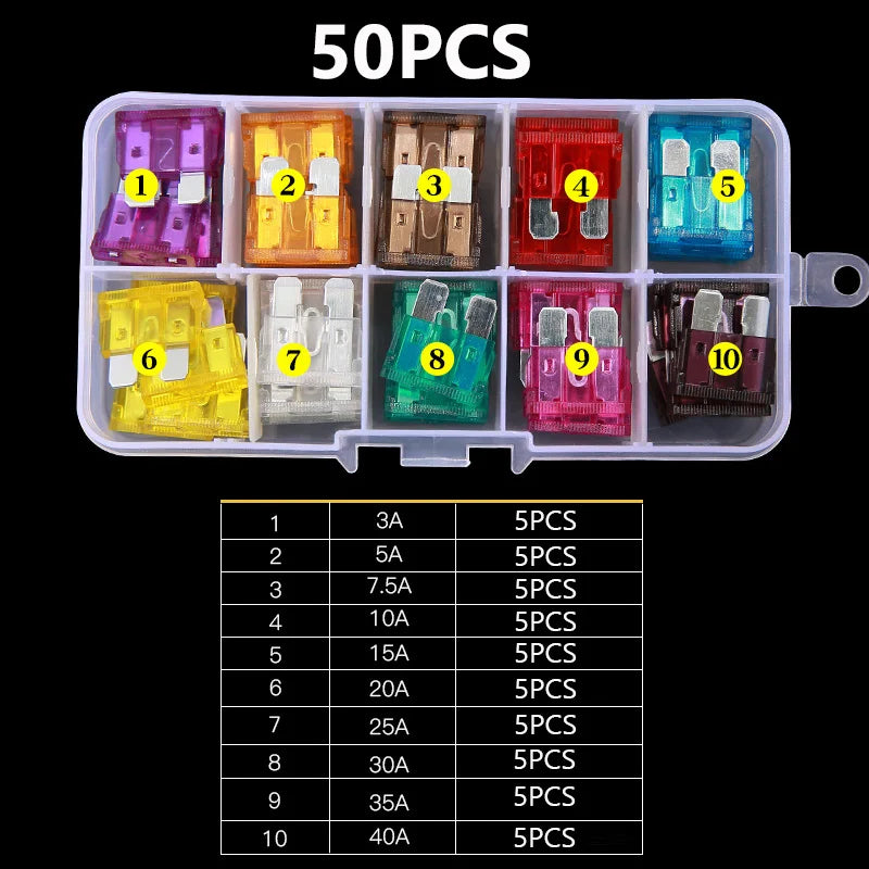 100pcs 50pcs Car Fuse Assortment Set Profile Middle Size Blade Type Fuse Auto Car Truck 2-35A Fuse with Box Clip