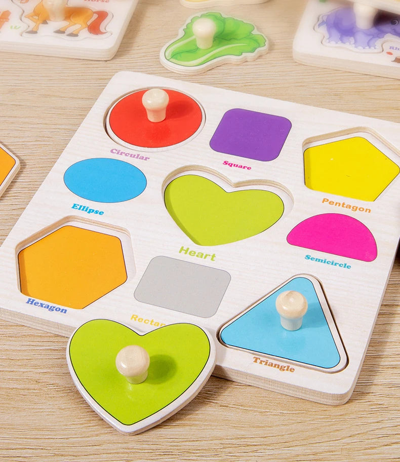 Montessori Wooden Puzzles Cartoon Animal Fruit Hand Grab Board Cognition Jigsaw Puzzle Game Learning Educational Toys For Kids