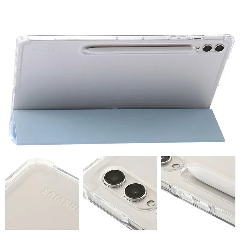 For Samsung Tab S7 FE S8 S10 S9 Plus Case with Pencil Holder Trifold Acrylic Clear Back Hard Cover For Galaxy Tab S9 FE S8 Case