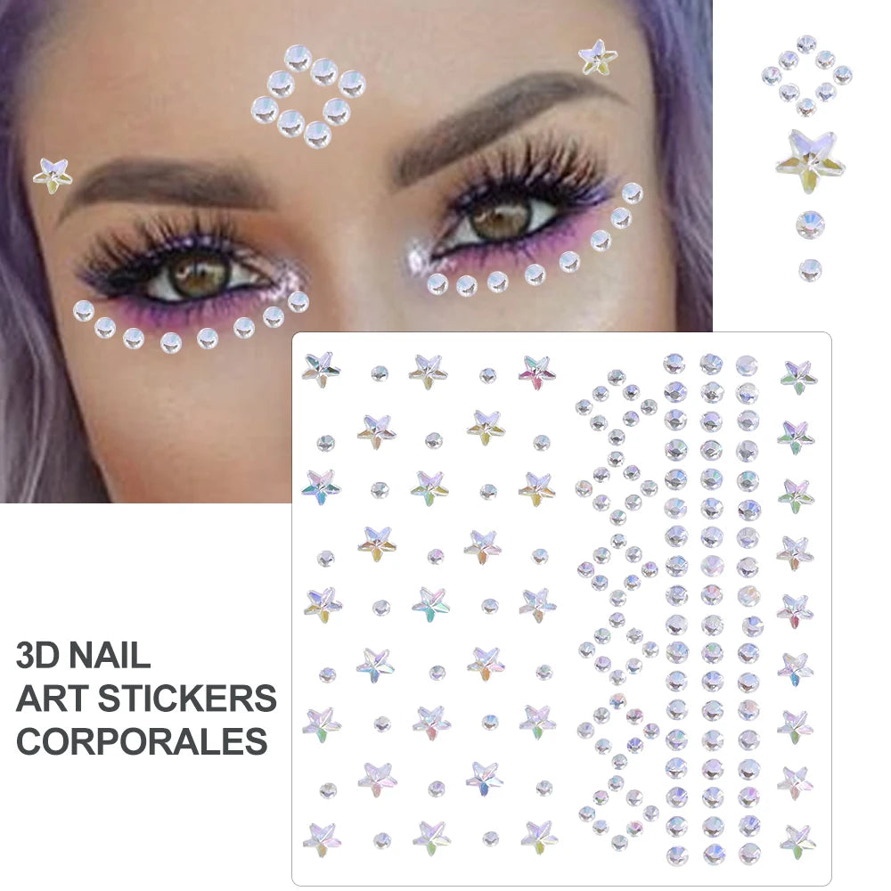 3D Face Eyes Party Makeup Tattoo Sticker Acrylic Diamond Rhinestones Sticker Self-adhesive Mixed Crystal Face Decoration Sticker