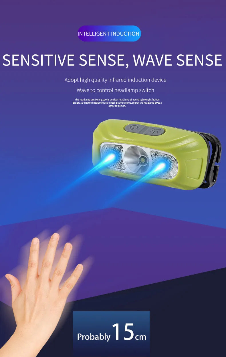 Sensor Headlamp LED High Bright Rechargeable Headlights COB Waterproof Fishing Camping Cycling Induction Head Light