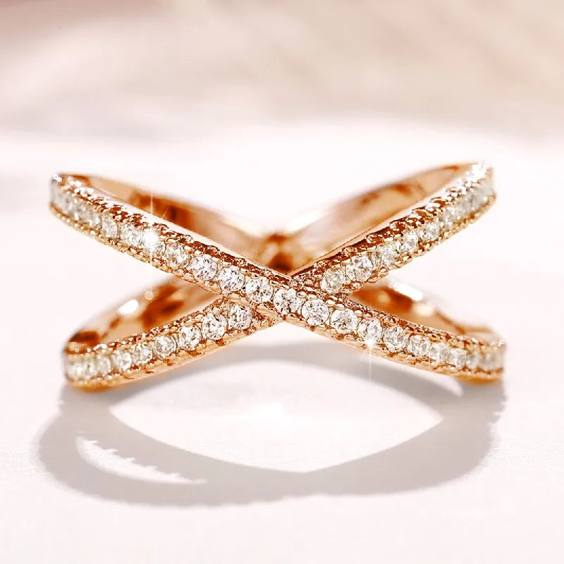 Simple Stylish Cross Shape Cubic Zirconia Rings for Women Fashon Female Finger Accessory Wedding Bands Statement Jewelry