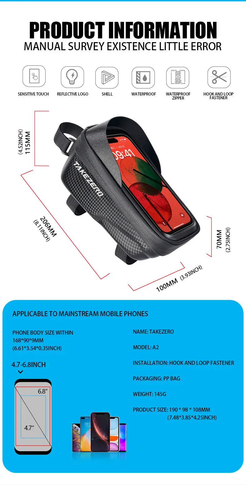TAKEZERO A2 Mountain Bicycle Bag - Hard Shell EVA Front Bar Bag for Road Bikes, Mobile Phone Handlebar Bag - Cycling Equipment