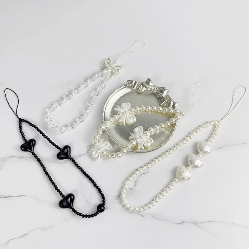 Korean Cute Charm Love Heart Bowknot Phone Chains For Women Telephone Jewelry Strap Beaded Lanyard Hanging Cord Accessories