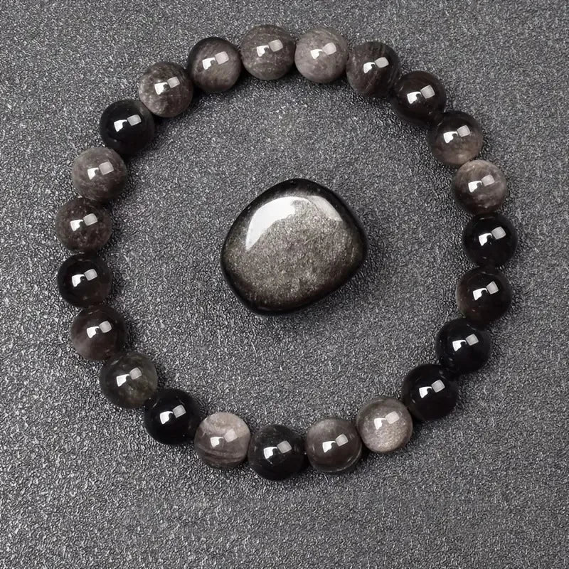 Natural Golden Obsidian Stone Beads Bracelet Men Women Golden Light Rainbow Obsidian Raw Stone Round Bead Natural Energy Jewelry